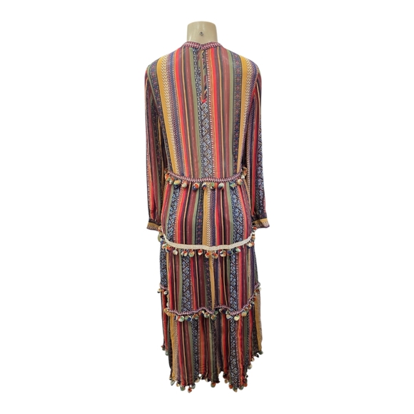 ZARA blogger Fab long rainbow stripe Pom Pom boho tiered maxi dress XS - Picture 4 of 15